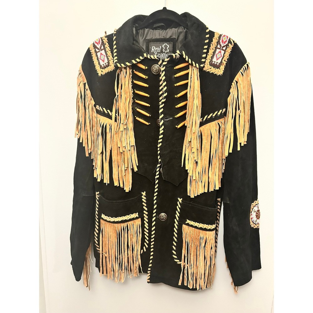 Real Leather Western Jacket Mens Suede Fringe Beaded Native American Style - Picture 1 of 7